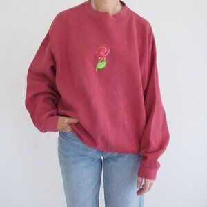 Vintage SPJ Sport Burgundy Rose Embroidered Floral Sweatshirt Minimalist Style L